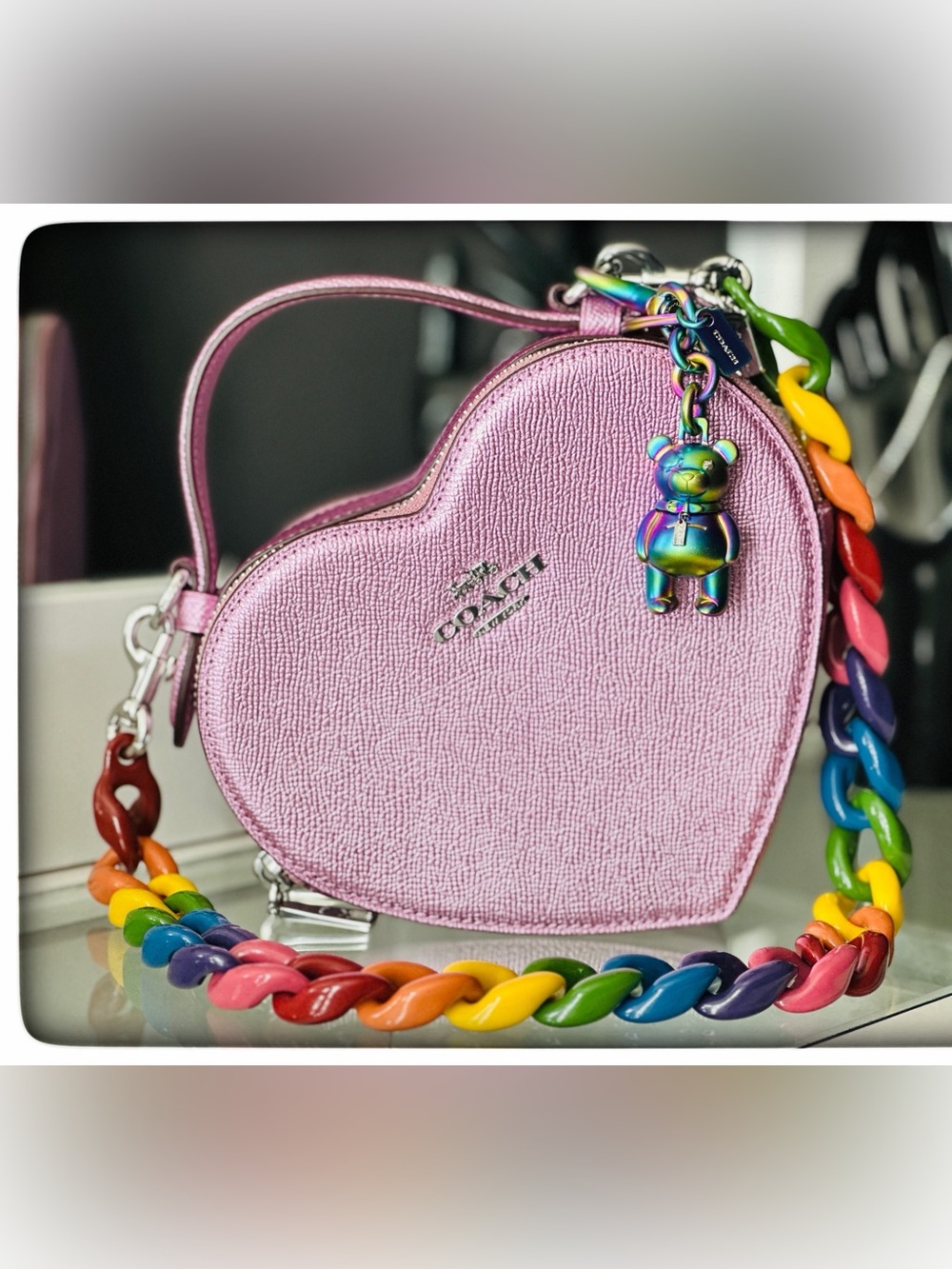 COACH Pink Heart Bag with Rainbow Link Strap and Iridescent Bear Charm
